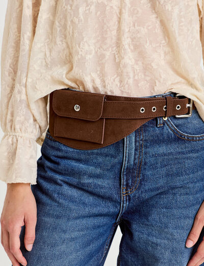 Ceinture large aspect daim marron fonc&eacute; femme