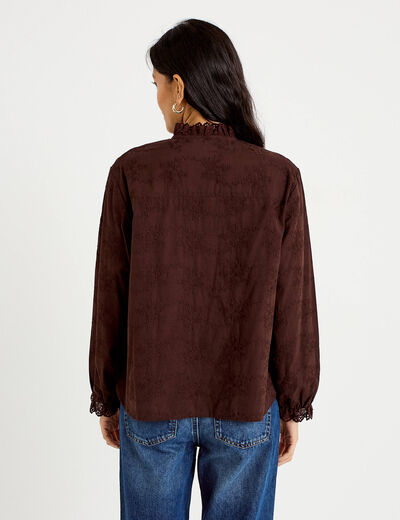 Blouse ample col montant manches longues marron fonc&eacute; femme