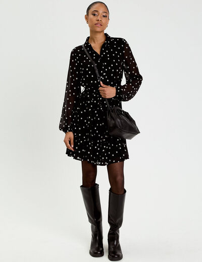 Robe brod&eacute;e &eacute;vas&eacute;e manches longues noir femme