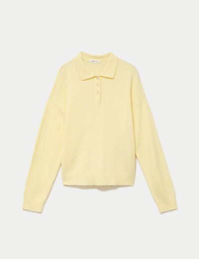 Pull col chemise manches longues jaune clair femme