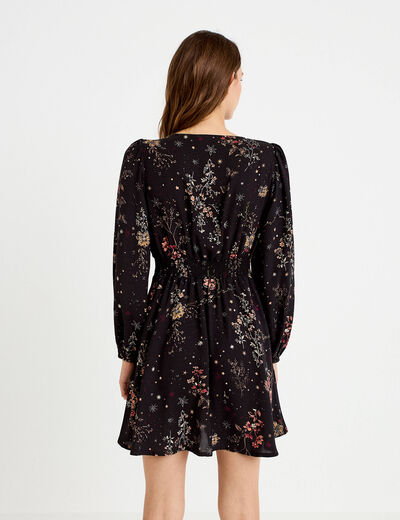 Robe courte &eacute;vas&eacute;e col v manches longues noir femme