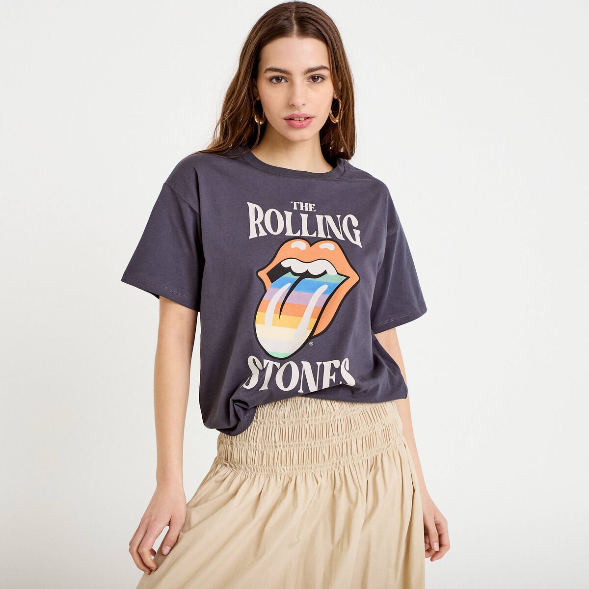 T-shirt oversize manches courtes gris fonc&eacute; femme