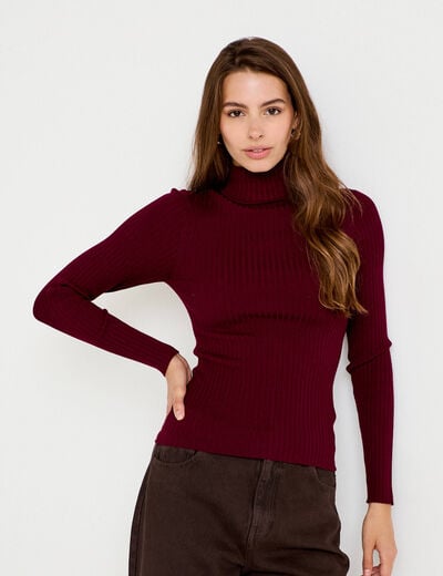 Pull c&ocirc;tel&eacute; col roul&eacute; bordeaux femme
