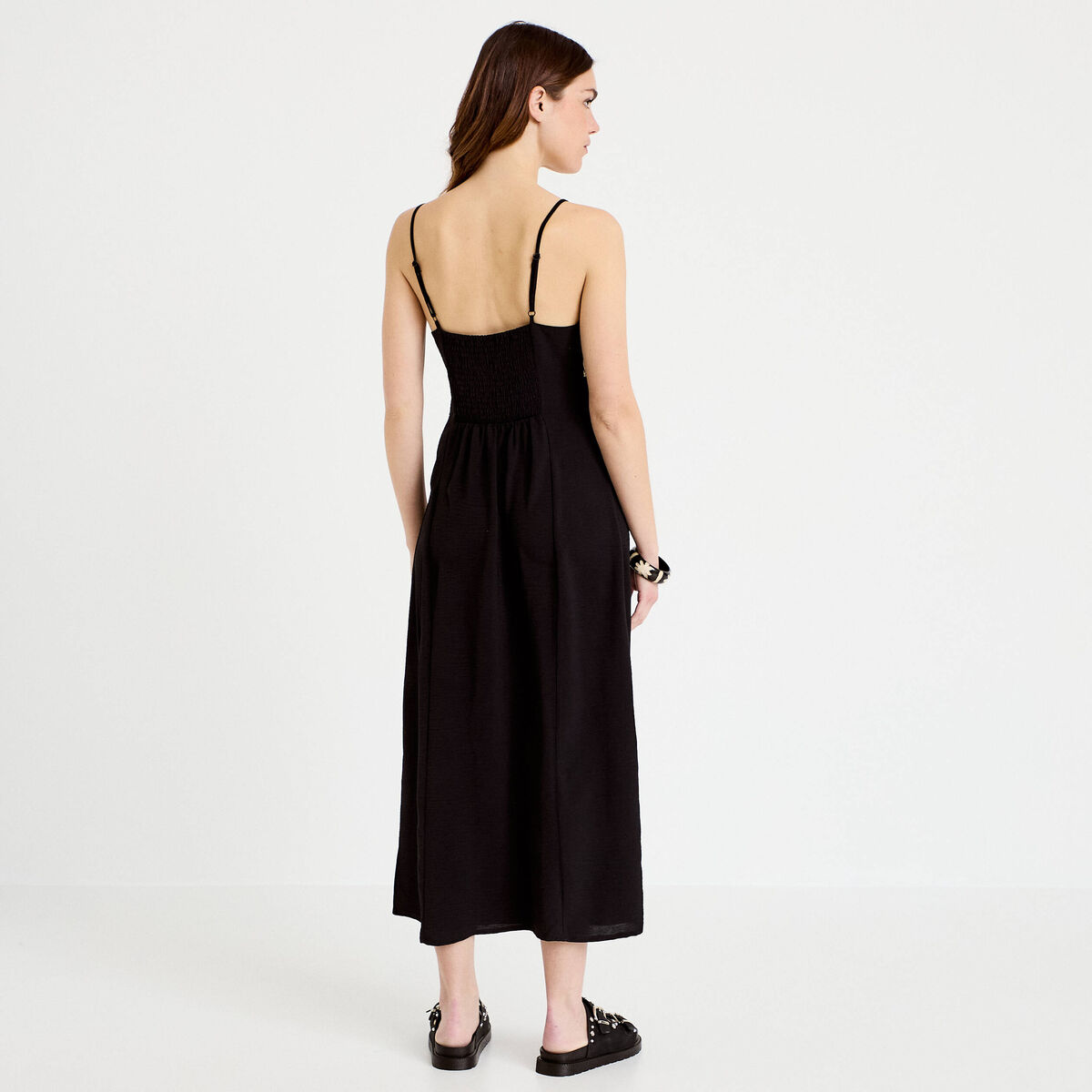 Robe longue droite col v bretelles fines noir femme