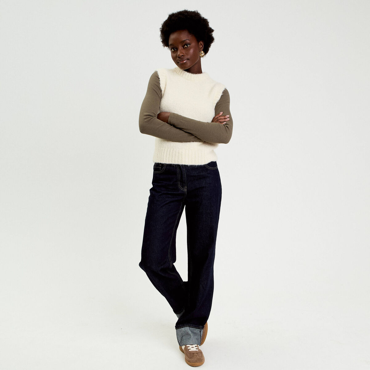 Pull sans manches ecru femme