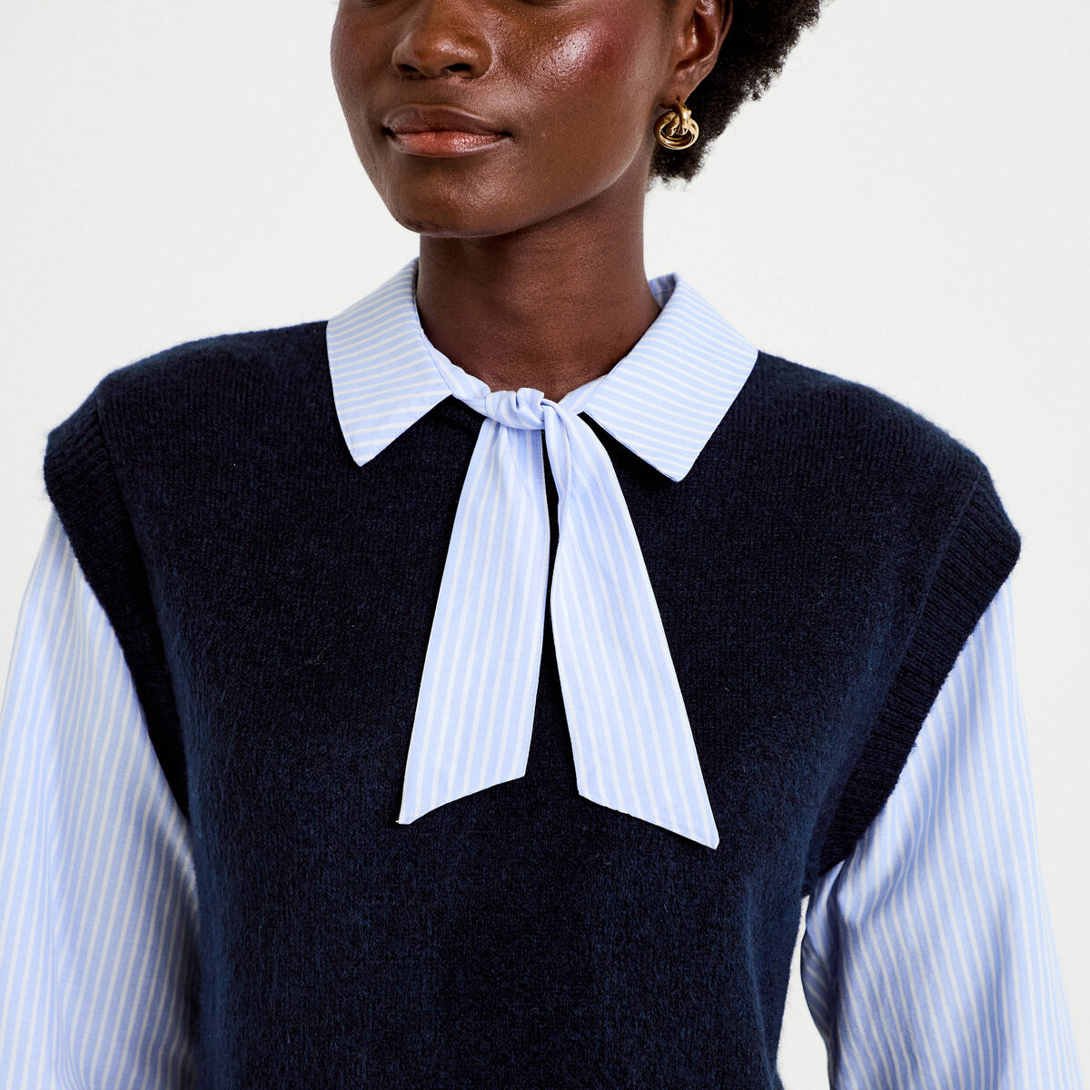 Pull fin 2-en-1 manches longues bleu marine femme