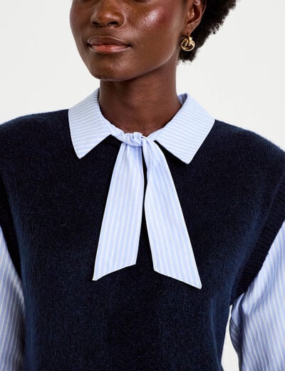 Pull fin 2-en-1 manches longues bleu marine femme