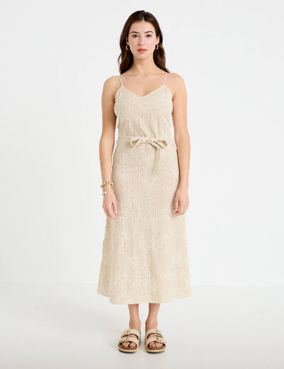 Robe droite 3/4 col v fines bretelles beige moyen femme