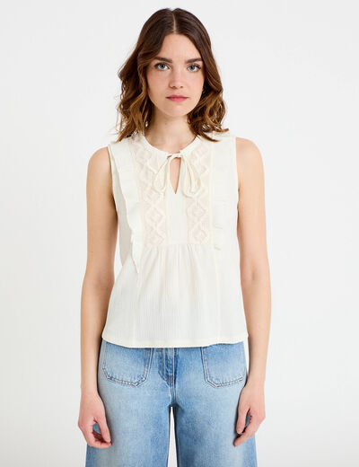 Blouse sans manches col v ecru femme