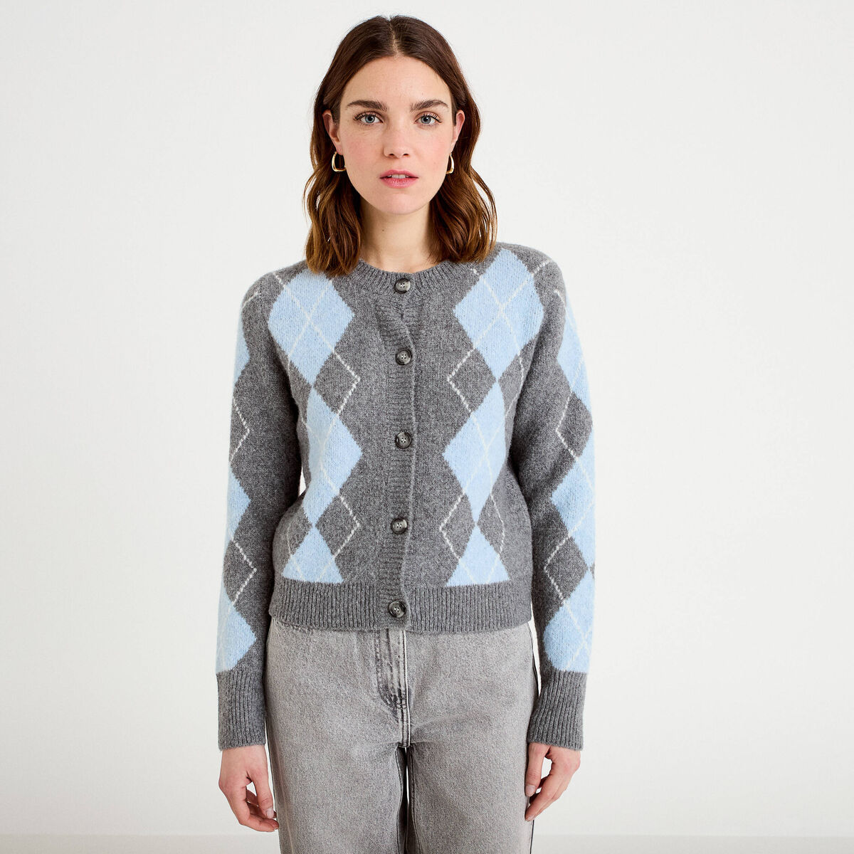 Cardigan col rond manches longues gris fonc&eacute; femme