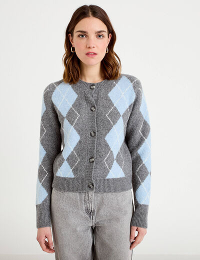 Cardigan col rond manches longues gris fonc&eacute; femme