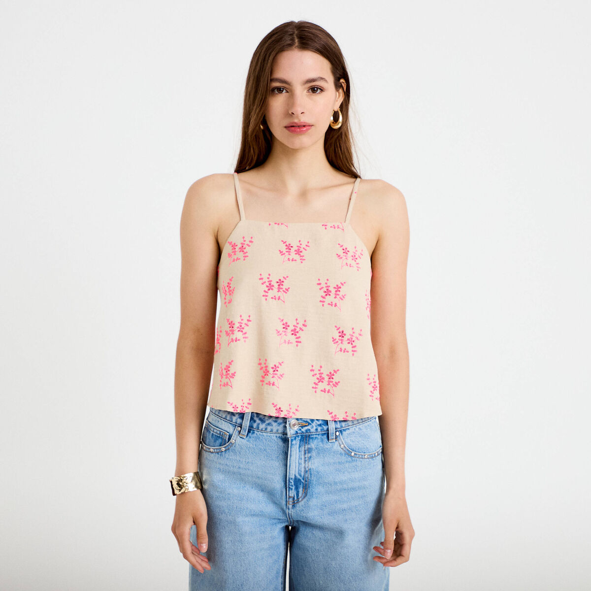 Top droit cropped col carr&eacute; bretelles rose femme