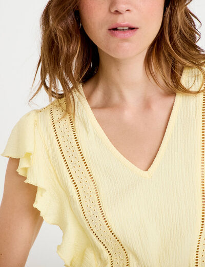 Blouse &agrave; volants jaune pastel femme