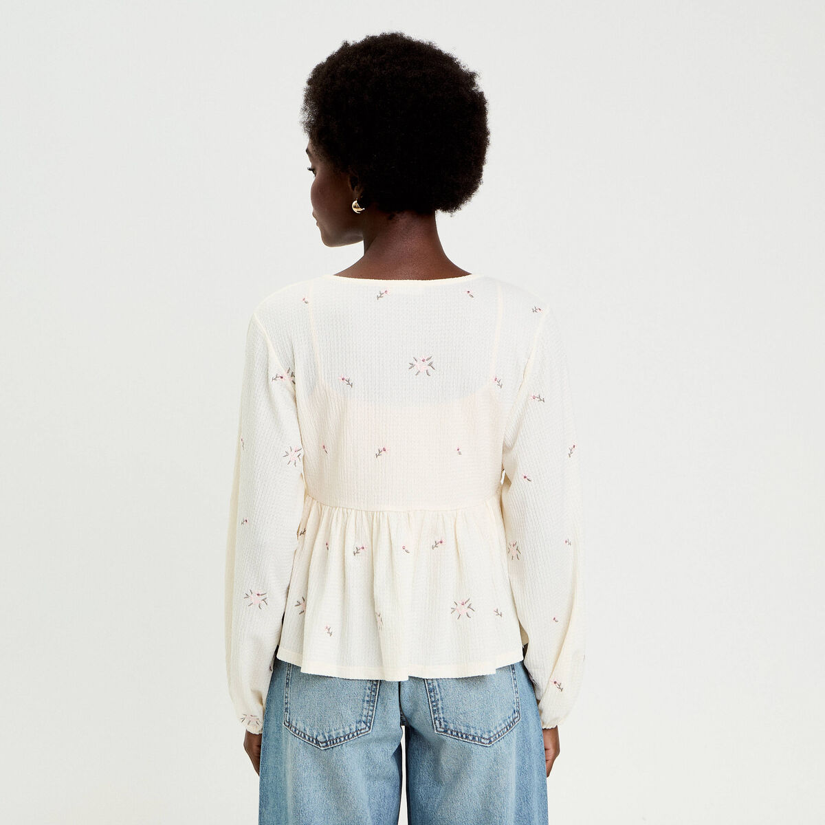 Blouse manches longues en cr&ecirc;pe blanc femme