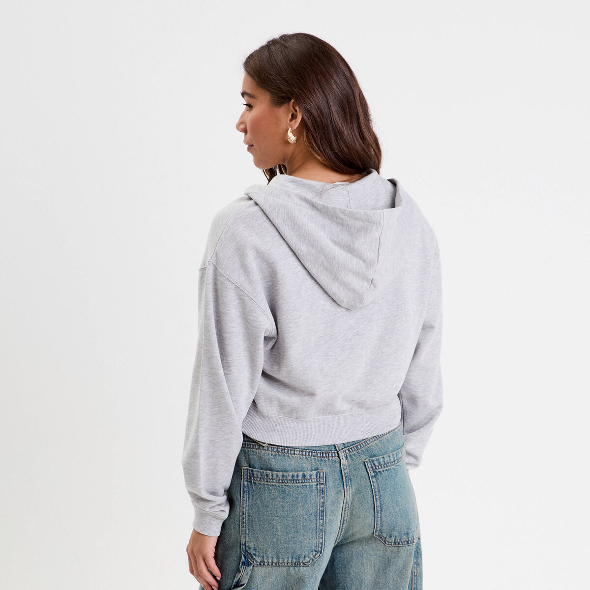 Sweat zipp&eacute; &agrave; capuche gris clair femme