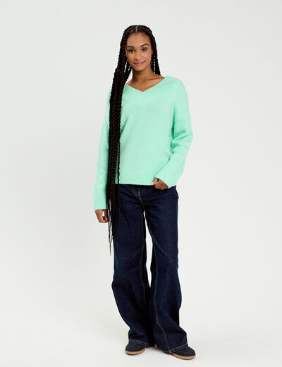 Pull oversize col v manches longues vert menthe femme