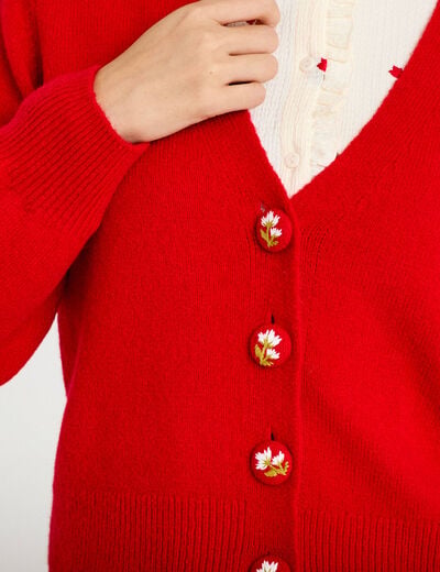 Gilet col v broderie manches longues rouge femme