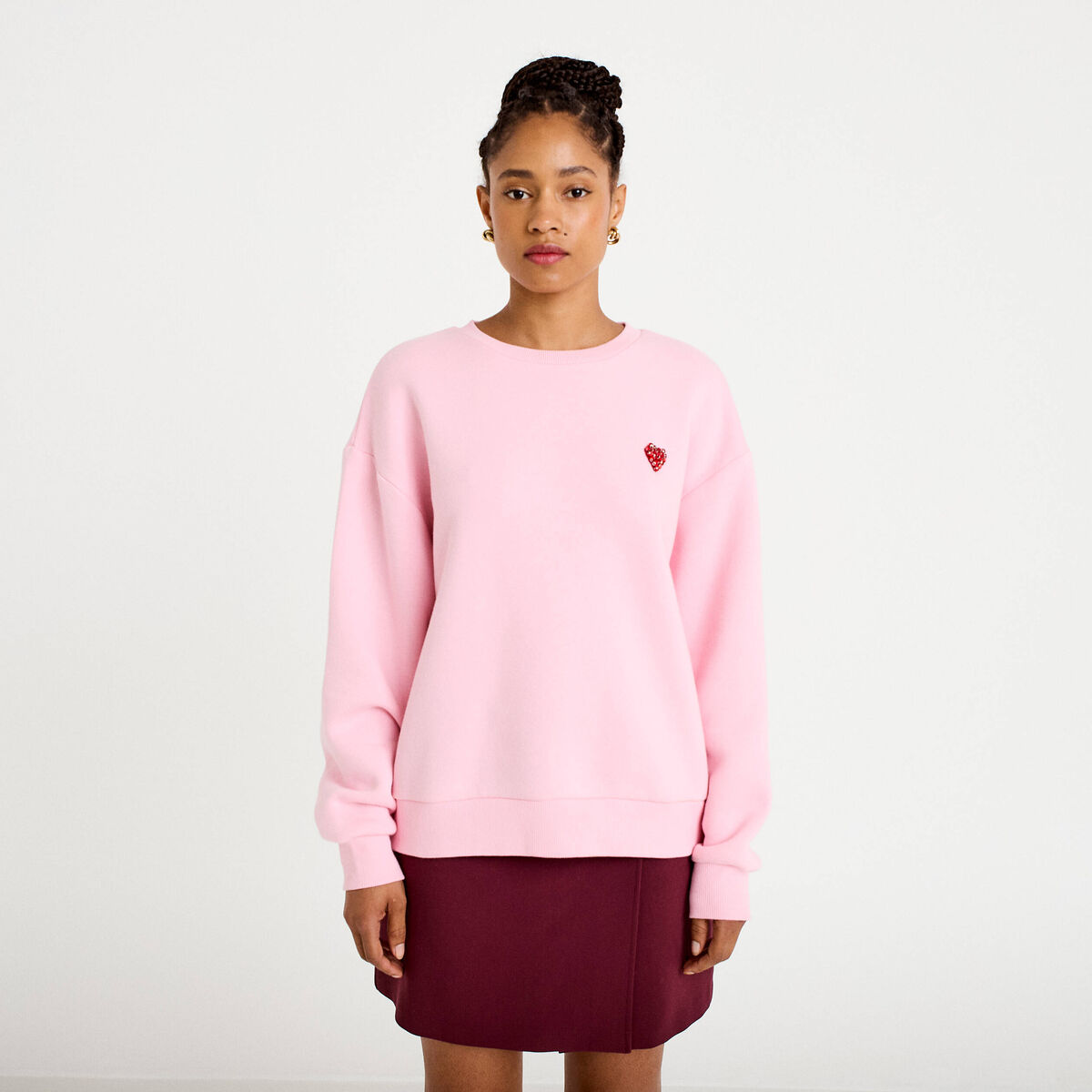Sweat oversize col rond manches longues rose clair femme