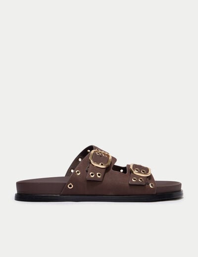 Mules d&eacute;tails clout&eacute;s marron fonc&eacute; femme