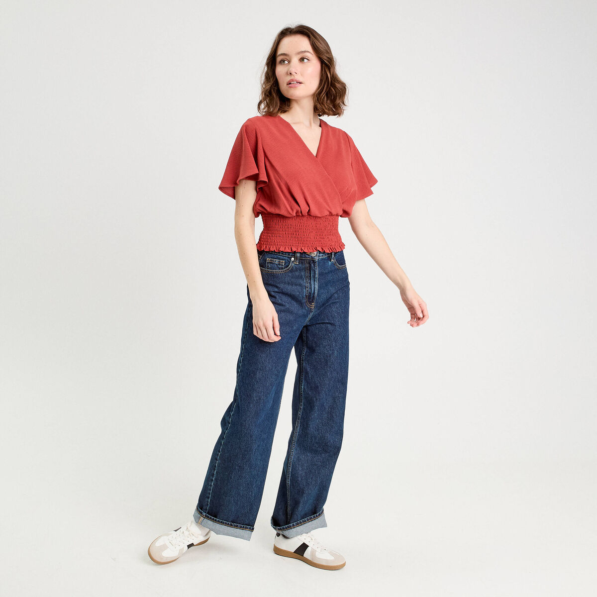 Blouse smock&eacute;e manches courtes vieux rose femme
