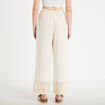 Pantalon large bi-mati&egrave;re pliss&eacute; ecru femme