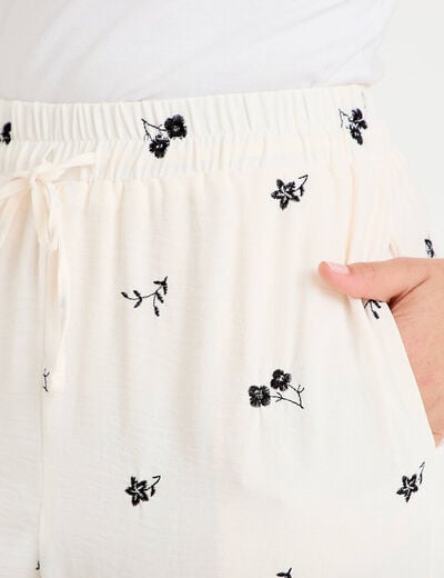 Pantalon large brod&eacute; taille standard blanc femme