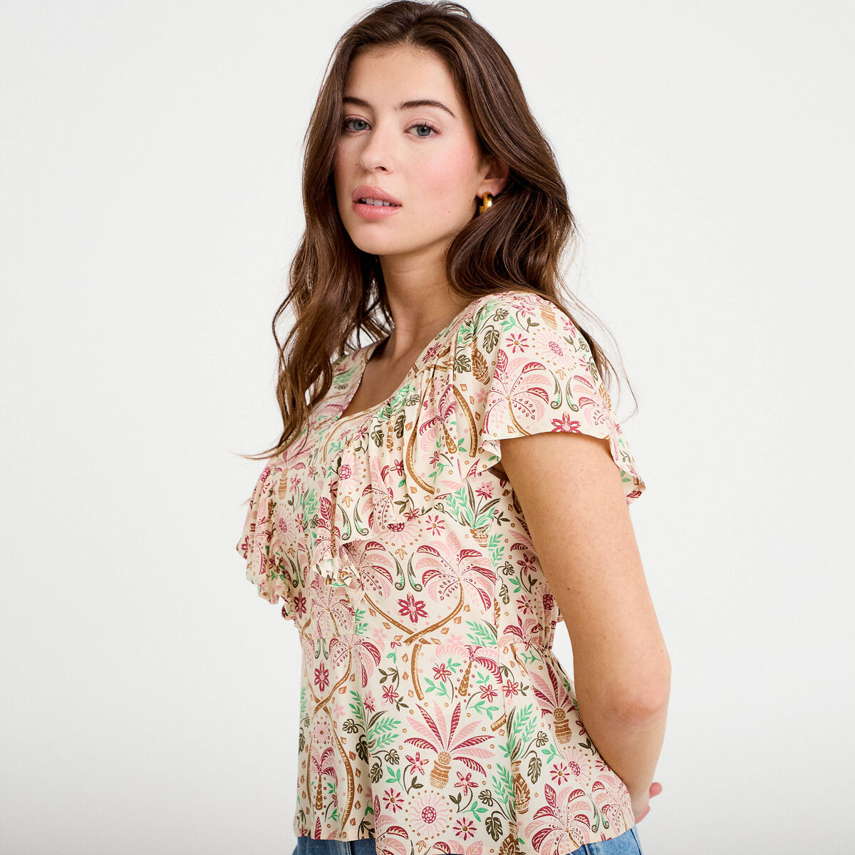 Blouse col v manches courtes blanc femme