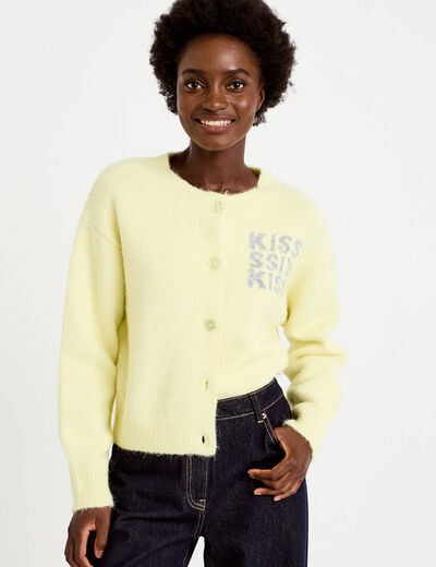 Gilet ample col rond manches longues jaune clair femme