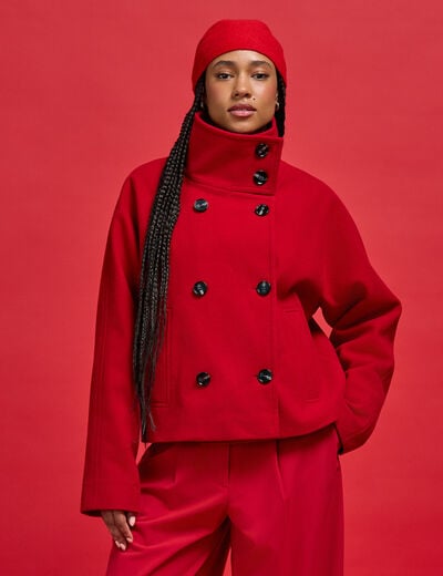 Caban court col montant rouge femme