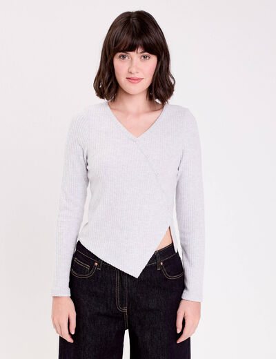 Pull duveteux col rond manches longues gris clair femme