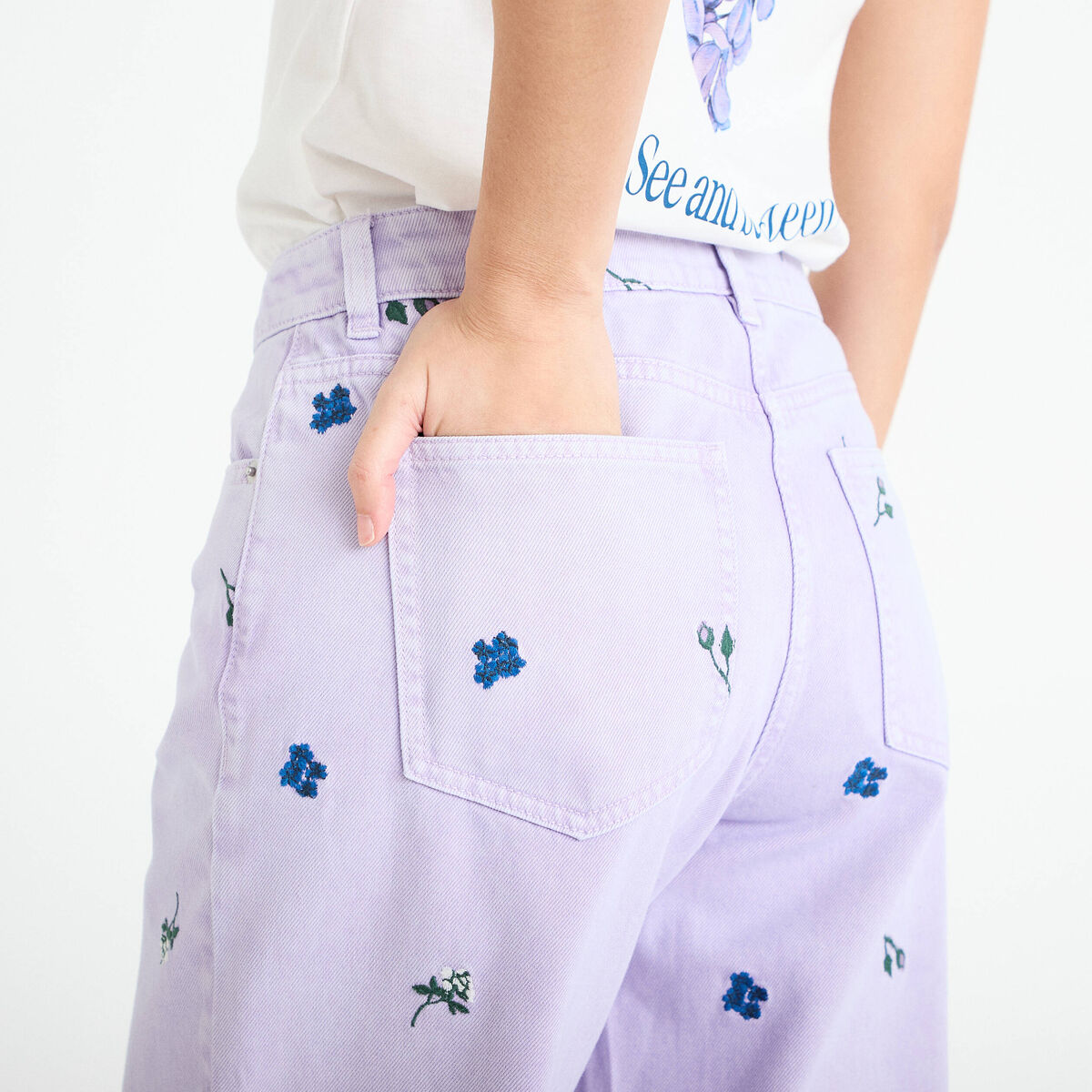 Jean wide leg brod&eacute; Bridgerton mauve femme
