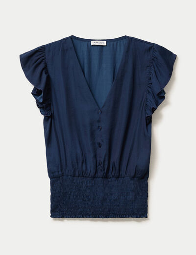 Blouse cintr&eacute;e col v manches courtes bleu marine femme
