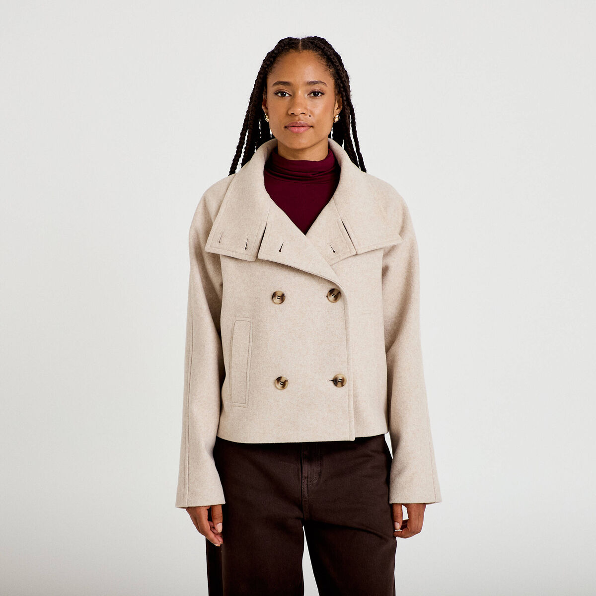Caban court col montant beige femme
