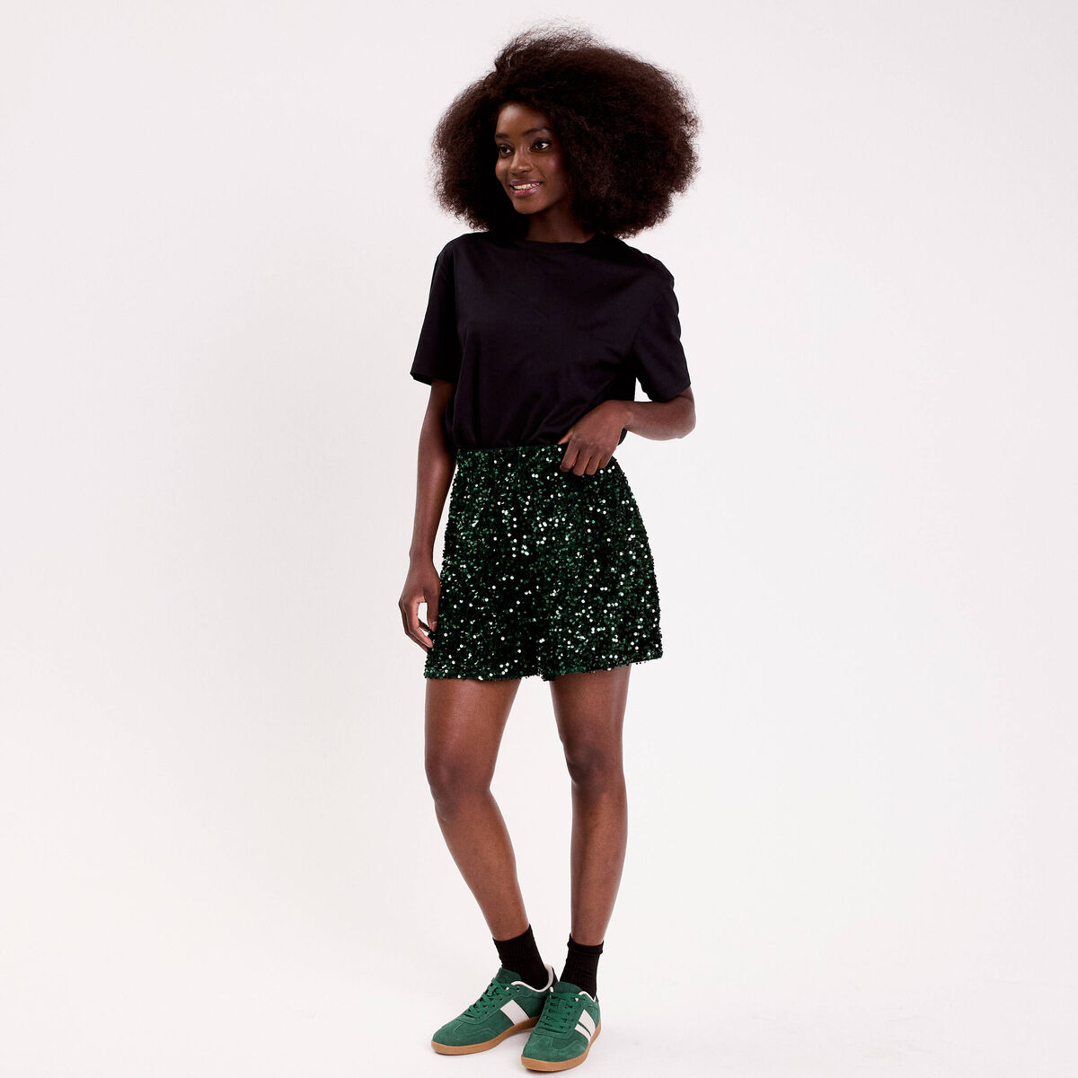Short flare &agrave; sequins brillants vert fonc&eacute; femme