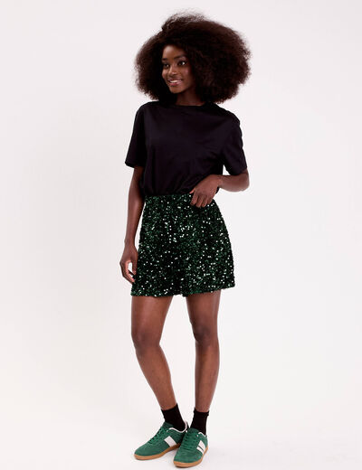 Short flare &agrave; sequins brillants vert fonc&eacute; femme