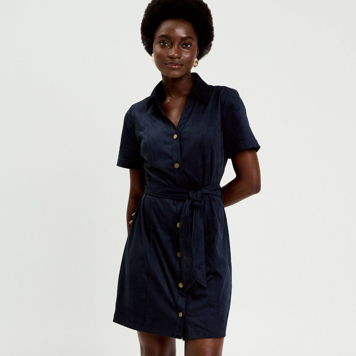 Robe boutonn&eacute;e aspect daim bleu marine femme