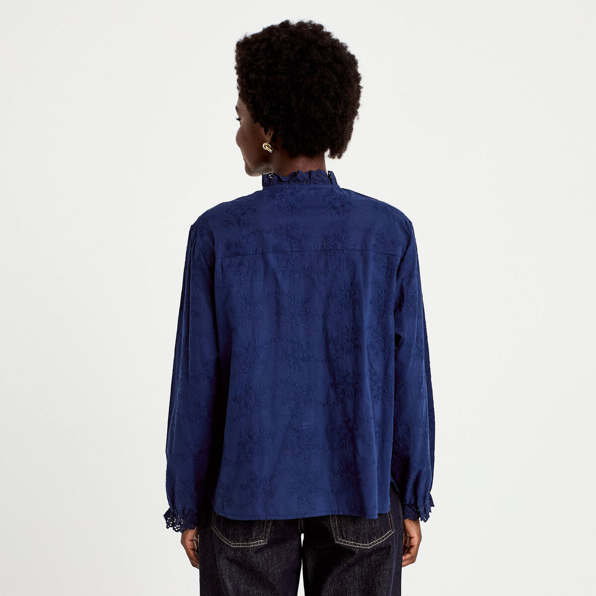 Blouse ample col montant manches longues bleu marine femme