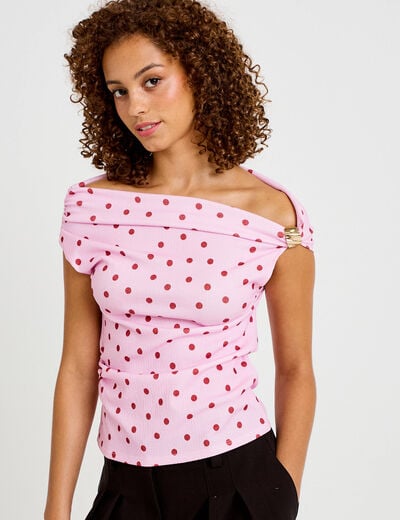 Top pliss&eacute; col bardot sans manches rose clair femme