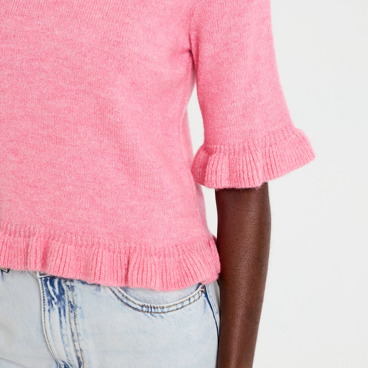 Pull col rond manches courtes rose clair femme