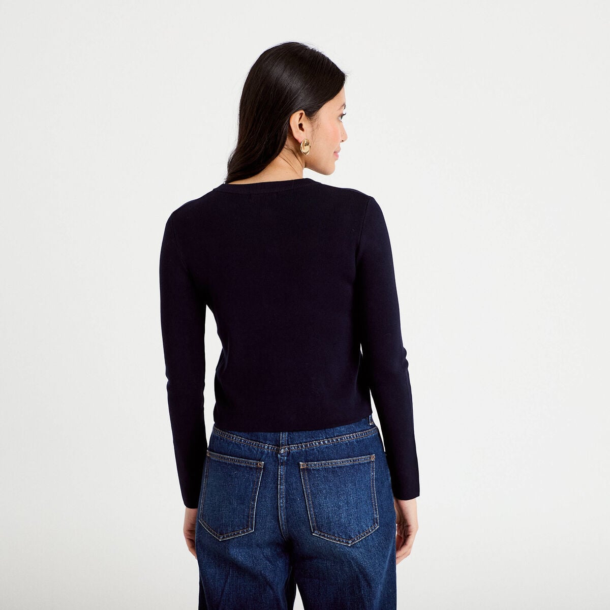 Gilet ajust&eacute; cropped col rond bleu marine femme