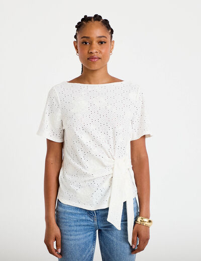 Blouse col v manches courtes ecru femme