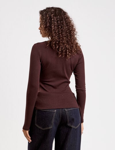 T-shirt cintr&eacute; col rond manches longues marron fonc&eacute; femme
