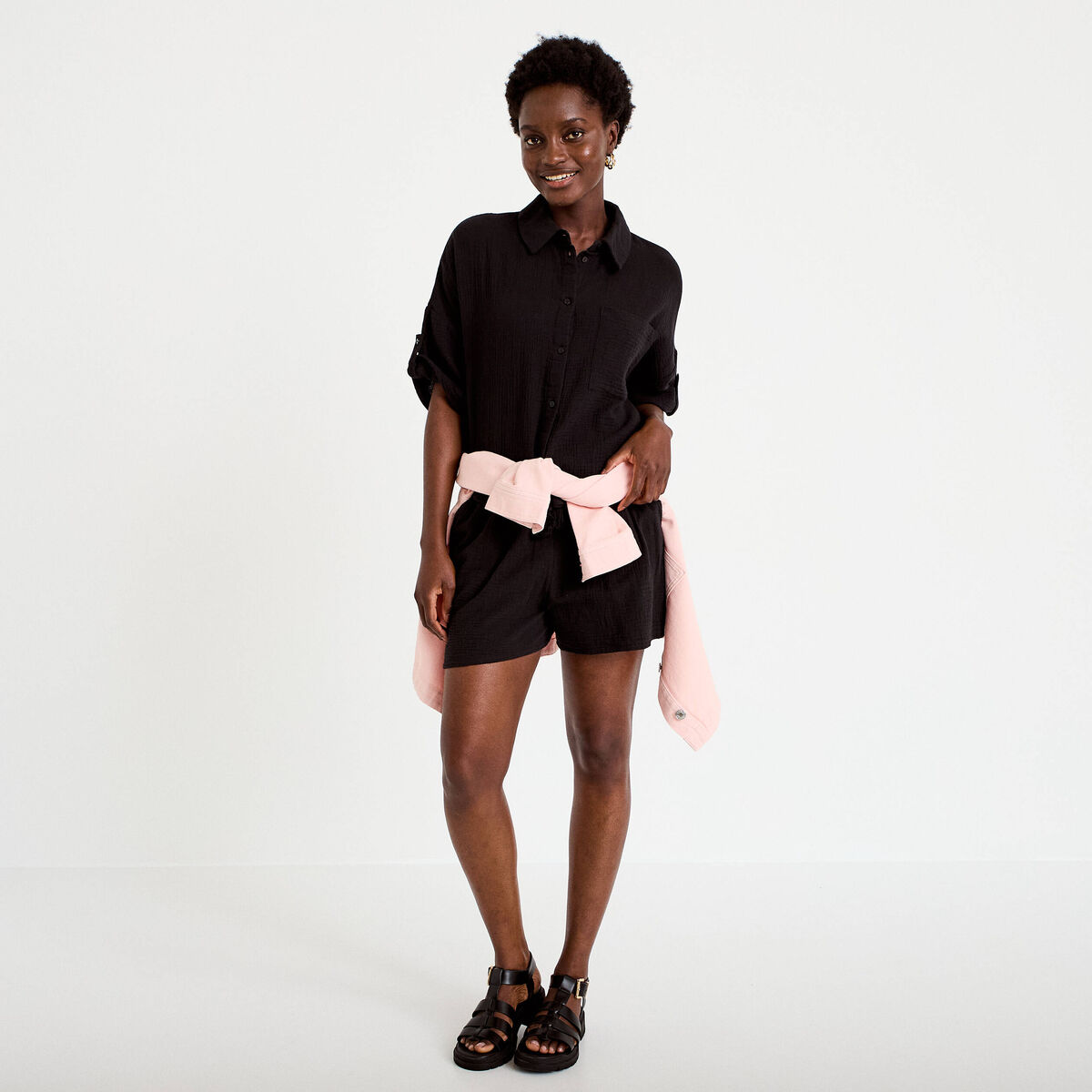 Chemise manches 3/4 noir femme