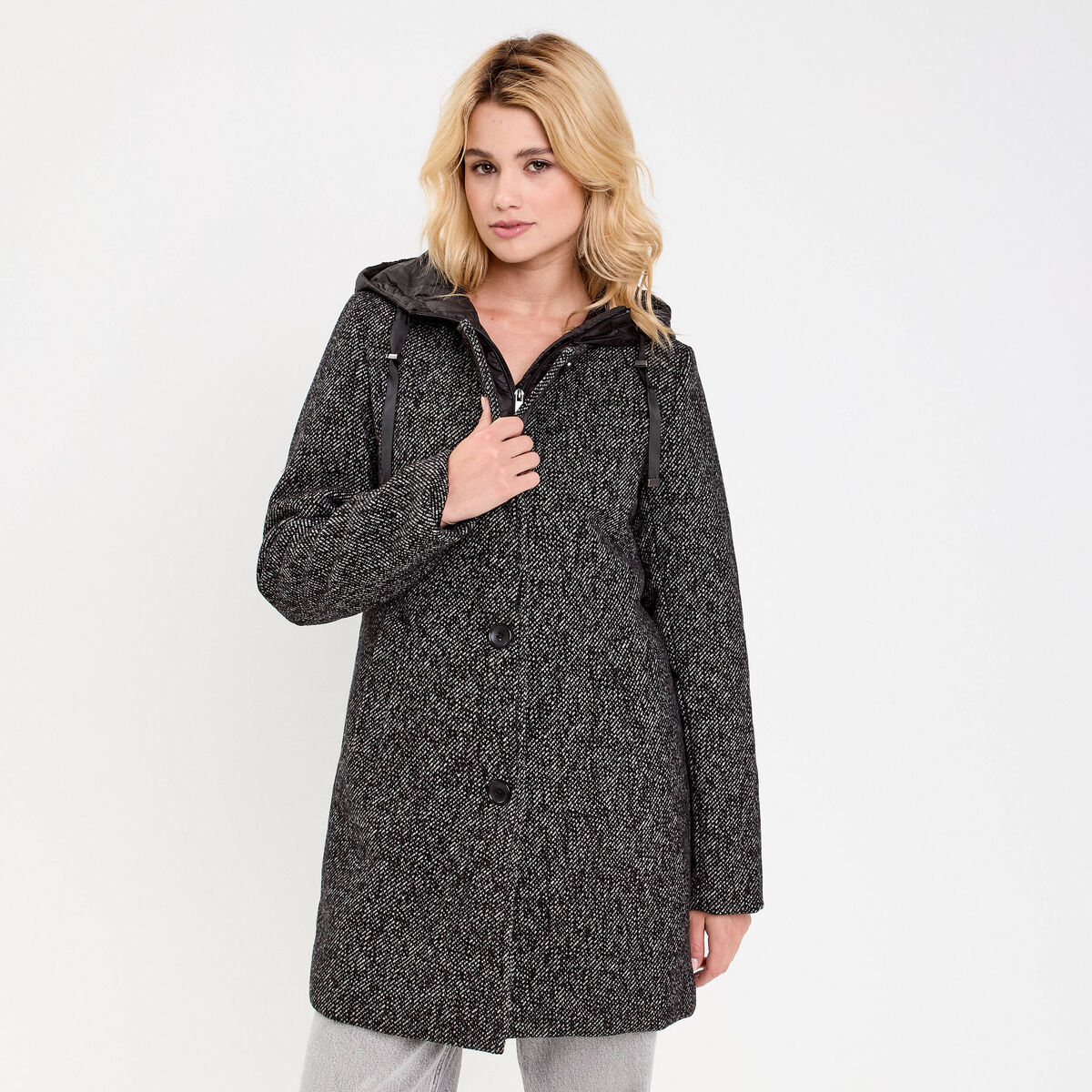 Manteau droit long &agrave; capuche noir femme