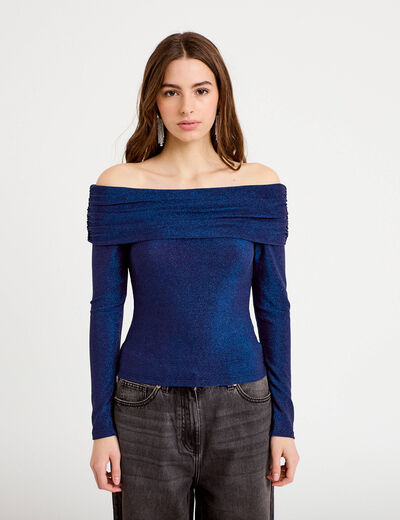 T-shirt col bardot brillant bleu fonc&eacute; femme