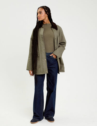 Top ajust&eacute; c&ocirc;tel&eacute; col montant vert kaki femme