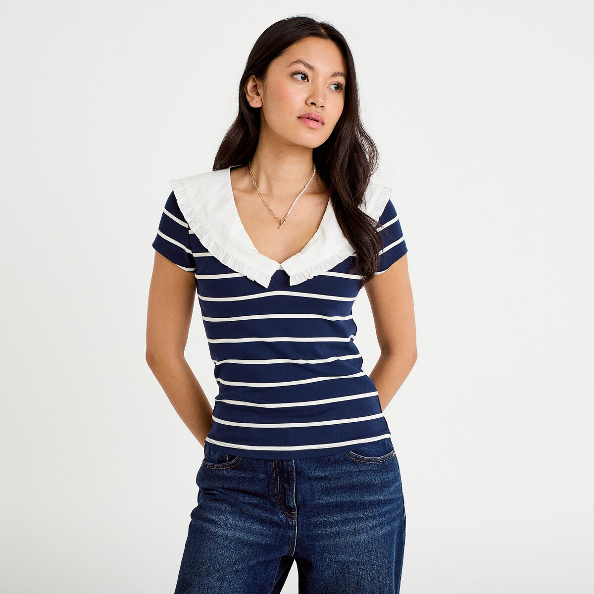 T-shirt col marin &agrave; volants ecru femme