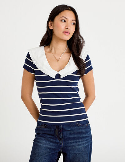 T-shirt col marin &agrave; volants ecru femme