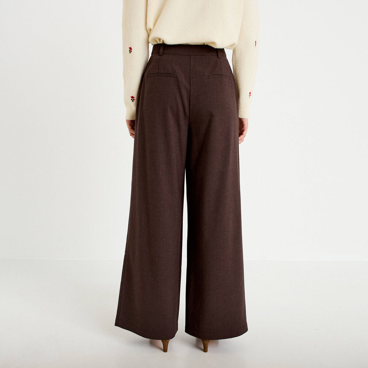 Pantalon bootcut taille haute chin&eacute; marron femme