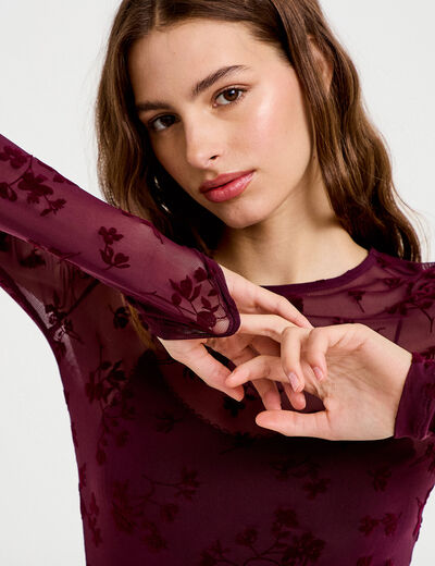 T-shirt ajust&eacute; manches longues prune femme